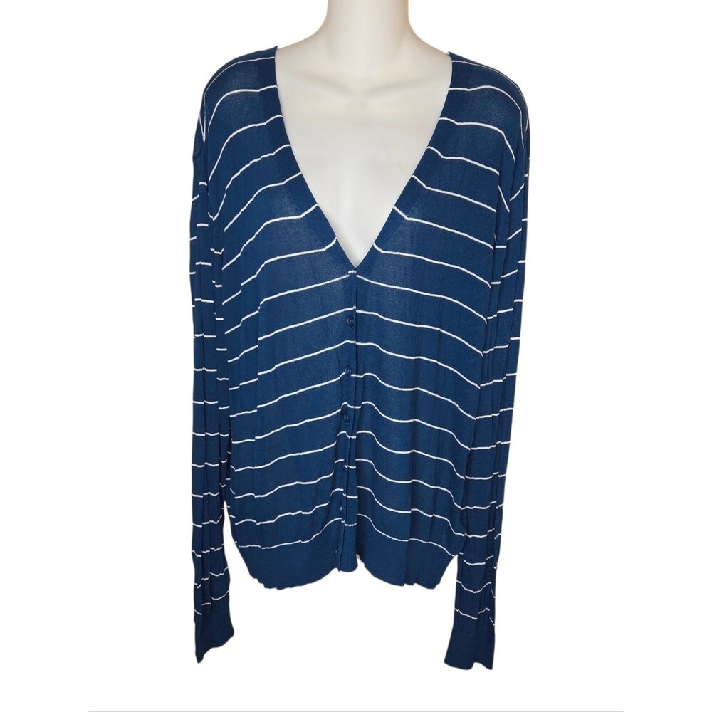 LuLaRoe Cheryl 3XL Cardigan Navy White Striped Button Front Pointelle Back